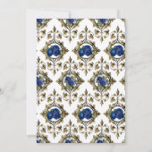 ネイビーブルーと金ゴールドヴィンテージピーコックフローラ誕生日 招待状 (裏面)