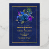 ネイビーブルーと金ゴールドヴィンテージピーコッ結婚クス 箔招待状 (正面)