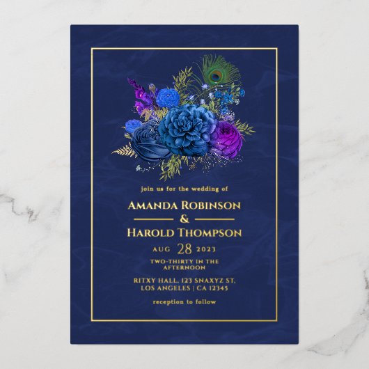 ネイビーブルーと金ゴールドヴィンテージピーコッ結婚クス 箔招待状 (正面)