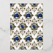 ネイビーブルーと金ゴールドヴィンテージピーコッ結婚クス 箔招待状 (裏面)