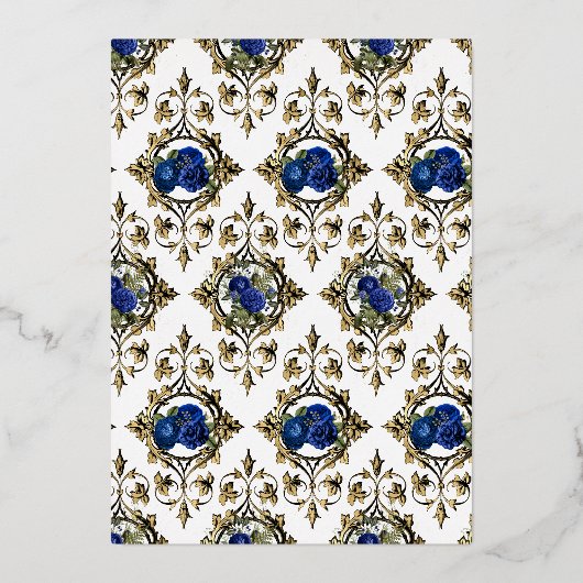 ネイビーブルーと金ゴールドヴィンテージピーコッ結婚クス 箔招待状 (裏面)