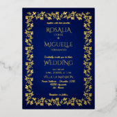 ネイビーブルーと金ゴールドヴィンテージフローラエレガントな結婚式 箔招待状 (正面)