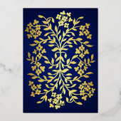 ネイビーブルーと金ゴールドヴィンテージフローラエレガントな結婚式 箔招待状 (裏面)