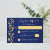 ネイビーブルーと金ゴールドヴィンテージ縁どフローラ結婚の 出欠カード (スタンド正面)