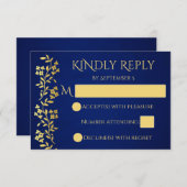 ネイビーブルーと金ゴールドヴィンテージ縁どフローラ結婚の 出欠カード (正面/裏面)