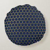 ネイビーブルーと金ゴールド六角ジオメトリパターン ラウンドクッション (裏面)