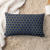 ネイビーブルーと金ゴールド六角ジオメトリパターン ランバークッション (ブランケット)