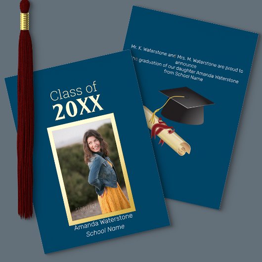 ネイビーブルーと金ゴールド写真卒業発表 箔招待状