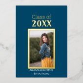 ネイビーブルーと金ゴールド写真卒業発表 箔招待状 (正面)