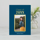 ネイビーブルーと金ゴールド写真卒業発表 箔招待状 (立ち正面)