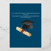 ネイビーブルーと金ゴールド写真卒業発表 箔招待状 (裏面)