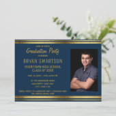 ネイビーブルーと金ゴールド卒業パーティー写真招待状 招待状 (スタンド正面)