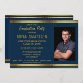ネイビーブルーと金ゴールド卒業パーティー写真招待状 招待状 (正面/裏面)