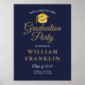 ネイビーブルーと金ゴールド卒業パーティー歓迎サイン ポスター (正面)