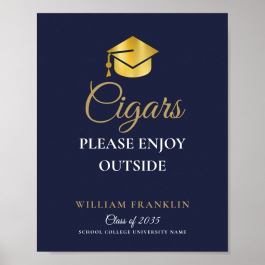 ネイビーブルーと金ゴールド卒業パーティー葉巻の看板 ポスター (正面)