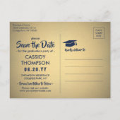 ネイビーブルーと金ゴールド卒業写真セーブ・ザ・デイト ポストカード (裏面)