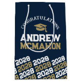 ネイビーブルーと金ゴールド卒業学年 ミディアムペーパーバッグ (正面)