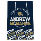 ネイビーブルーと金ゴールド卒業学年 ミディアムペーパーバッグ (裏面)