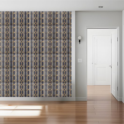 ネイビーブルーと金ゴールド幾何学的ギリシャ鍵タイル タイル