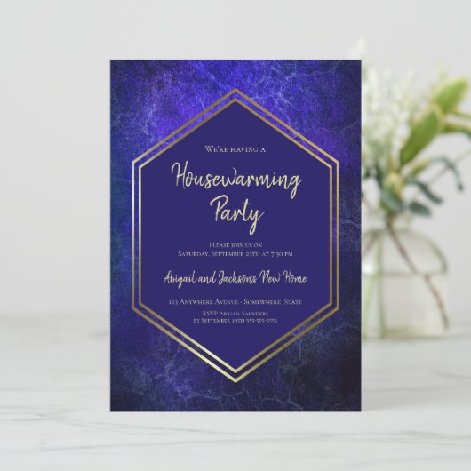 ネイビーブルーと金ゴールド引っ越し祝いパーティーパーティの招待状 案内状 (スタンド正面)