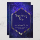 ネイビーブルーと金ゴールド引っ越し祝いパーティーパーティの招待状 案内状 (正面/裏面)