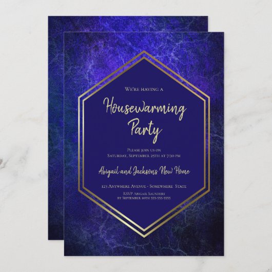 ネイビーブルーと金ゴールド引っ越し祝いパーティーパーティの招待状 案内状 (正面/裏面)