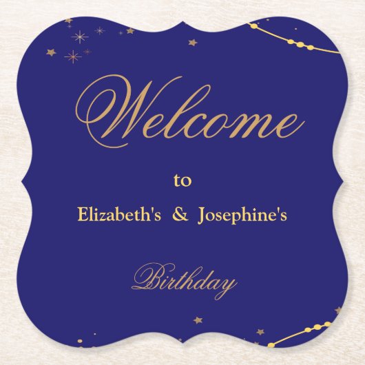 ネイビーブルーと金ゴールド星ダブルジョイント誕生日 ペーパーコースター (正面)