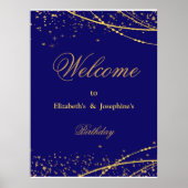 ネイビーブルーと金ゴールド星ダブルジョイント誕生日 ポスター (正面)