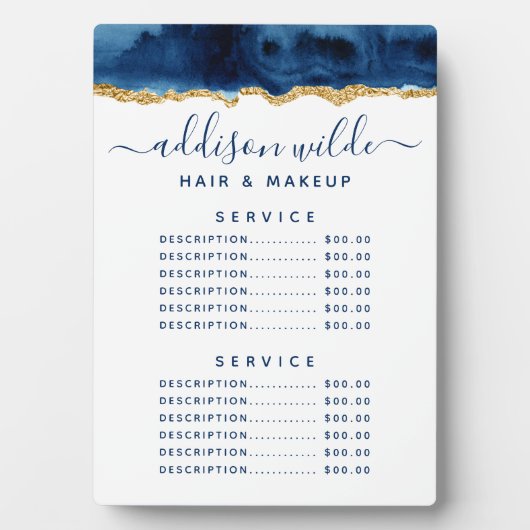 ネイビーブルーと金ゴールド水彩価格メニュープラーク フォトプラーク (正面)