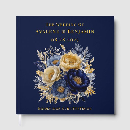 ネイビーブルーと金ゴールド水彩牡丹ゲストブック ゲストブック (正面)