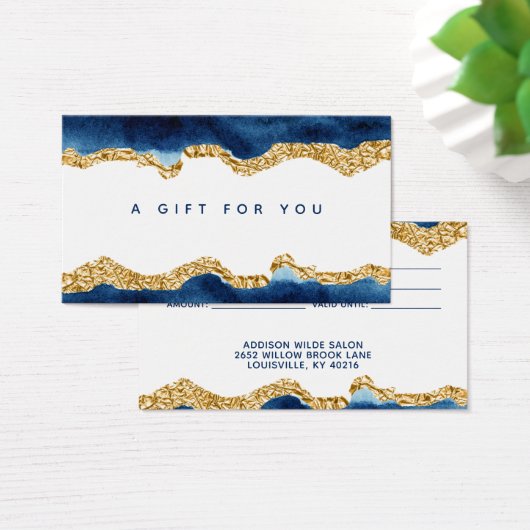 ネイビーブルーと金ゴールド水色ギフトカード (デスク)