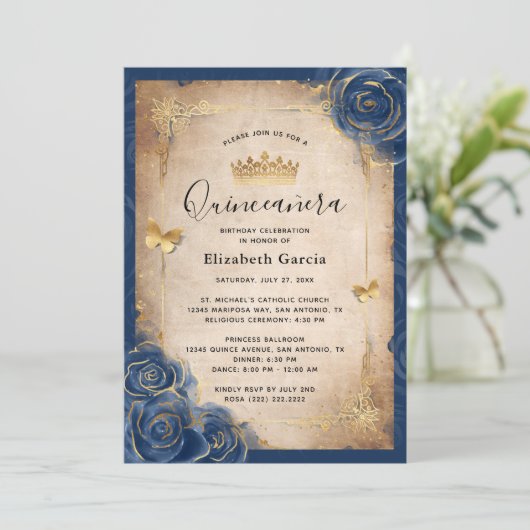 ネイビーブルーと金ゴールド王室のバラエレガントキンセアニェラ 招待状 (スタンド正面)