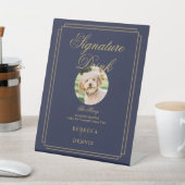 ネイビーブルーと金ゴールド結婚のペットのシグネチャードリンク 台座サイン (インサイチュ)