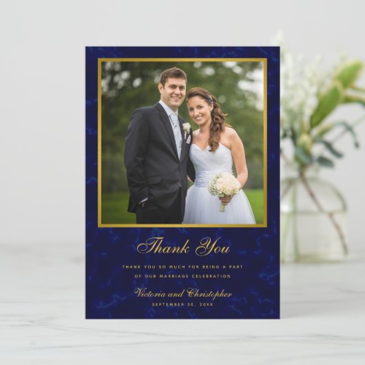 ネイビーブルーと金ゴールド結婚の写真 サンキューカード (スタンド正面)