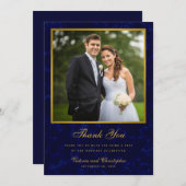 ネイビーブルーと金ゴールド結婚の写真 サンキューカード (正面/裏面)