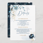 ネイビーブルーと金ゴールド結婚の詳細カード 招待状 (正面/裏面)