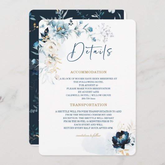 ネイビーブルーと金ゴールド結婚の詳細カード 招待状 (正面/裏面)