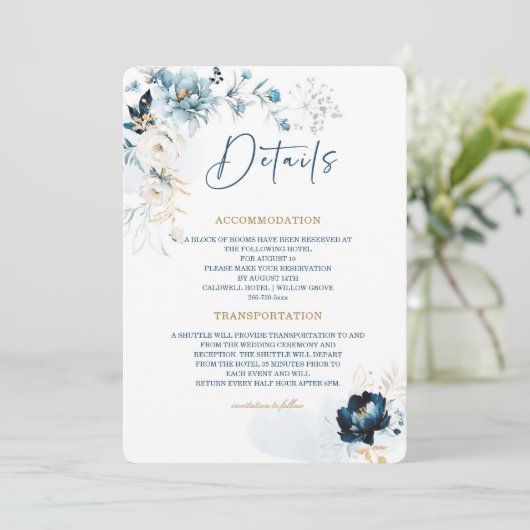 ネイビーブルーと金ゴールド結婚の詳細カード 招待状 (スタンド正面)