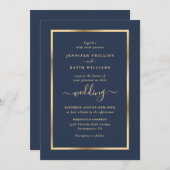 ネイビーブルーと金ゴールド結婚ズ 招待状 (正面/裏面)