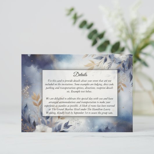 ネイビーブルーと金ゴールド結婚フローラ エンクロージャーカード (スタンド正面)