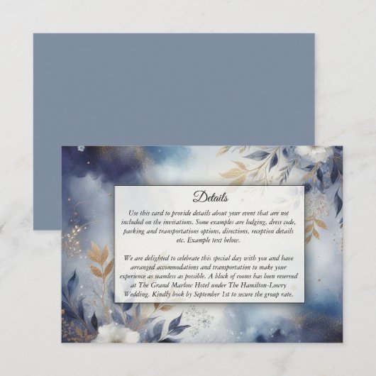 ネイビーブルーと金ゴールド結婚フローラ エンクロージャーカード (正面/裏面)