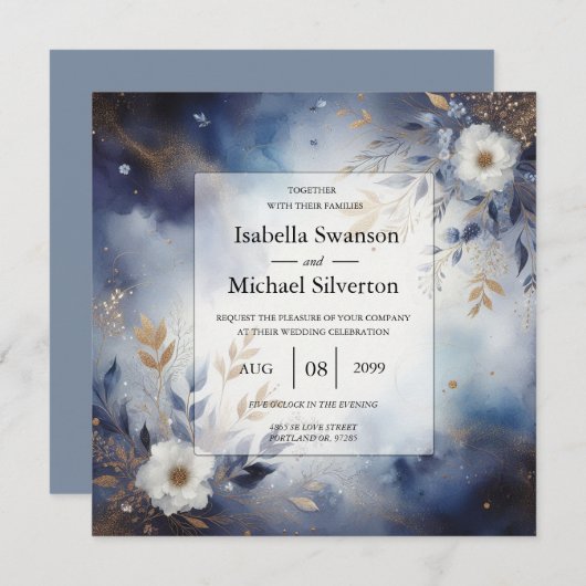 ネイビーブルーと金ゴールド結婚フローラ 招待状 (正面/裏面)