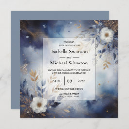 ネイビーブルーと金ゴールド結婚フローラ 招待状