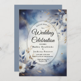 ネイビーブルーと金ゴールド結婚フローラ 招待状