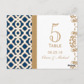 ネイビーブルーと金ゴールド結婚モロッコテーブル番号 ポストカード (裏面)