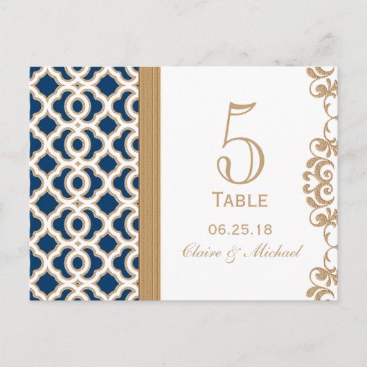 ネイビーブルーと金ゴールド結婚モロッコテーブル番号 ポストカード (正面)