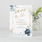 ネイビーブルーと金ゴールド結婚式の日付を保存 招待状 (スタンド正面)