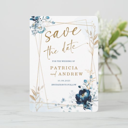 ネイビーブルーと金ゴールド結婚式の日付を保存 招待状 (スタンド正面)