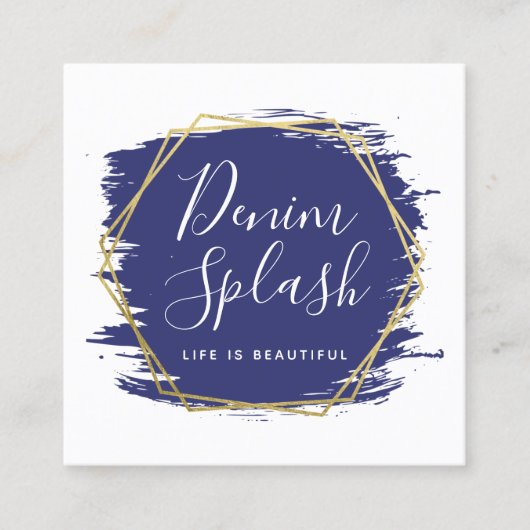 ネイビーブルーと金ゴールド絵を描ストロークSNS スクエア名刺 (正面)
