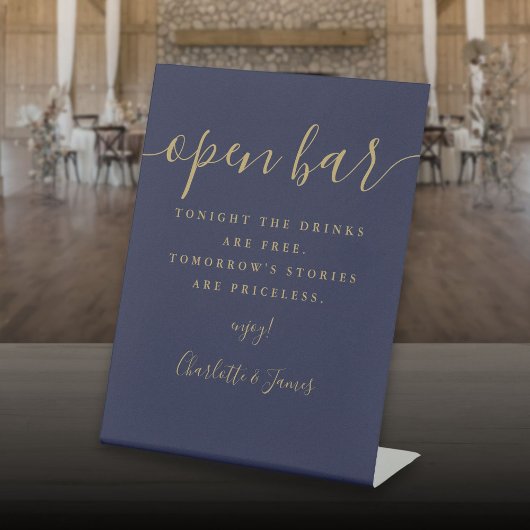 ネイビーブルーと金ゴールド署名スクリプトオープンバー 台座サイン